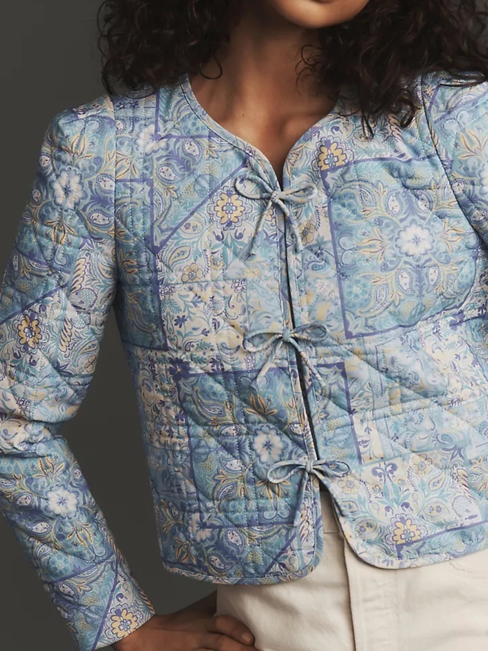 Anthropologie Left Coast Dolan Bow Front Linen Quilted Lady Jacket Floral Large